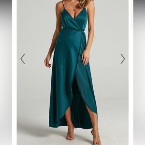 Emerald Green Satin Showpo Wrap Dress